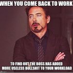 robert downy jr meme eye roll  | WHEN YOU COME BACK TO WORK; TO FIND OUT THE BOSS HAS ADDED MORE USELESS BULLSHIT TO YOUR WORKLOAD | image tagged in robert downy jr meme eye roll,memes,funny memes,work | made w/ Imgflip meme maker