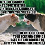 CAT FIGHT | TELL YOUR FAT NO ACCOUNT BRAT SON TO STOP SPITTING HOCKERS INTO MY SON'S DRINKS AT LUNCH. HE GOT SICK YOU SNOT GLOB! HE ONLY DOES THAT BECAUSE YOUR SCRAWNY STUPID BRAT SON USED HIS GYM CLOTHES TO WIPE HIS BUTT YOU MUMMIFIED BUFFALO TESTICLE! | image tagged in cat fight | made w/ Imgflip meme maker