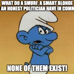 Grouchy Smurf | WHAT DO A SMURF, A SMART BLONDE AND AN HONEST POLITICIAN HAVE IN COMMON? NONE OF THEM EXIST! | image tagged in grouchy smurf | made w/ Imgflip meme maker