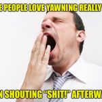 yawn | WHITE PEOPLE LOVE YAWNING REALLY LOUD, THEN SHOUTING “SHIT!” AFTERWARDS. | image tagged in yawn | made w/ Imgflip meme maker
