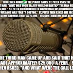 Salaries | THREE MEN ARRIVE AT THE PEARLY GATES. ST. PETER ASKS THE FIRST MAN, "WHAT WAS YOUR SALARY WHILE ON EARTH?" THE MAN REPLIED, "$195,000." 
ST. PETER THEN WANTED TO KNOW WHAT HIS CONTRIBUTION TO SOCIETY WAS AND WAS TOLD "A DOCTOR."

ST. PETER THEN ASKED THE SECOND MAN THE SAME QUESTION AND WAS TOLD "$275,000."
 HIS CONTRIBUTION WAS BEING "A LAWYER."; THE THIRD MAN CAME UP AND SAID THAT HE MADE APPROXIMATELY $25,000 
A YEAR.    ST. PETER THEN ASKED, "AND WHAT WERE THE CALL LETTERS?" | image tagged in radio | made w/ Imgflip meme maker