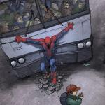 Spiderman holding back a bus