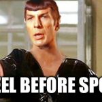 Kneel Before Spocky | KNEEL BEFORE SPOCK | image tagged in kneel before spocky | made w/ Imgflip meme maker
