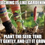 Gardening | TEACHING IS LIKE GARDENING; PLANT THE SEED, TEND IT GENTLY, AND LET IT GROW | image tagged in gardening | made w/ Imgflip meme maker