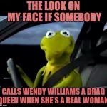 Kermit The Frog frowns at Wendy Williams' transgender rumours | THE LOOK ON MY FACE IF SOMEBODY; CALLS WENDY WILLIAMS A DRAG QUEEN WHEN SHE'S A REAL WOMAN. | image tagged in kermit the frog frowned face,wendy williams,drag queen,woman | made w/ Imgflip meme maker