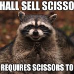 raccon | I SHALL SELL SCISSORS; THAT REQUIRES SCISSORS TO OPEN | image tagged in raccon | made w/ Imgflip meme maker