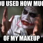 Guason | YOU USED HOW MUCH; OF MY MAKEUP | image tagged in guason | made w/ Imgflip meme maker
