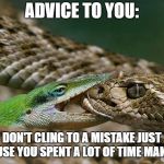 I Have Made A Terrible Mistake | ADVICE TO YOU:; DON'T CLING TO A MISTAKE JUST BECAUSE YOU SPENT A LOT OF TIME MAKING IT | image tagged in i have made a terrible mistake | made w/ Imgflip meme maker