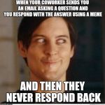 Using Memes in the workplace | WHEN YOUR COWORKER SENDS YOU AN EMAIL ASKING A QUESTION AND YOU RESPOND WITH THE ANSWER USING A MEME; AND THEN THEY NEVER RESPOND BACK | image tagged in toby maguire,memes,funny,work,job,coworkers | made w/ Imgflip meme maker