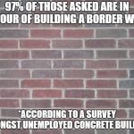 The Wall | 97% OF THOSE ASKED ARE IN FAVOUR OF BUILDING A BORDER WALL*; *ACCORDING TO A SURVEY AMONGST UNEMPLOYED CONCRETE BUILDERS | image tagged in the wall,border,survey | made w/ Imgflip meme maker