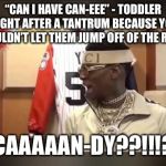 Soulja DRAKEEEEE | “CAN I HAVE CAN-EEE” - TODDLER RIGHT AFTER A TANTRUM BECAUSE YOU WOULDN’T LET THEM JUMP OFF OF THE ROOF. CAAAAAN-DY??!!!? | image tagged in soulja drakeeeee | made w/ Imgflip meme maker
