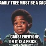 who cares | MY FAMILY TREE MUST BE A CACTUS, ...'CAUSE EVERYONE ON IT, IS A PRICK. | image tagged in who cares | made w/ Imgflip meme maker