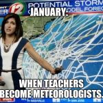 Teachers in winter  | JANUARY:; WHEN TEACHERS BECOME METEOROLOGISTS. | image tagged in weather forecasters,teachers,winter,snow day,teaching,education | made w/ Imgflip meme maker