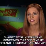 Hurricane Sneeze | SHAGGY TOTALLY SCARES ME SOMETIMES. THIS ONE TIME HE SNEEZED AND HURRICANE KATRINA HAPPENED! | image tagged in shaggy interview | made w/ Imgflip meme maker