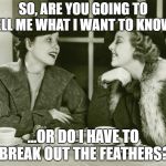 vintage gossip | SO, ARE YOU GOING TO TELL ME WHAT I WANT TO KNOW... ...OR DO I HAVE TO BREAK OUT THE FEATHERS? | image tagged in vintage gossip | made w/ Imgflip meme maker