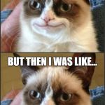 Happy Grumpy cat photoshop | FIRST I WAS LIKE... BUT THEN I WAS LIKE... | image tagged in happy grumpy cat photoshop | made w/ Imgflip meme maker