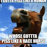PISS | I GOTTA PISS LIKE A HUMAN; WHOSE GOTTTA PISS LIKE A RACE HORSE | image tagged in just horsing around,memes,piss,race,horse,human | made w/ Imgflip meme maker