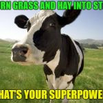Good guy cow | I TURN GRASS AND HAY INTO STEAK; WHAT'S YOUR SUPERPOWER? | image tagged in cow,superpowers,steak | made w/ Imgflip meme maker
