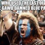 William Wallace | WHO USED THE LAST OF THE GAWD DAMNED BLUE PAINT | image tagged in william wallace | made w/ Imgflip meme maker