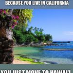 hawaii | WHEN YOU CAN’T AFFORD A VACATION BECAUSE YOU LIVE IN CALIFORNIA; YOU JUST MOVE TO HAWAI’I | image tagged in hawaii | made w/ Imgflip meme maker