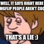 Well, It Says Right Here Shaggy | WELL, IT SAYS RIGHT HERE IMGFLIP PEOPLE AREN’T COOL; THAT’S A LIE :) | image tagged in well it says right here shaggy | made w/ Imgflip meme maker