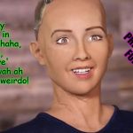 Sophia Robot | eventually you'll fall in love with, hahaha, get this, you'll 'love' this...'me' bwah ah ah ah AH; you weirdo! PRISON CELLMATES FOR DECADES | image tagged in sophia robot | made w/ Imgflip meme maker