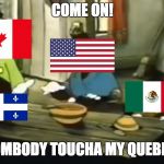 sombody touch my quebec | COME ON! SOMBODY TOUCHA MY QUEBEC! | image tagged in canada,usa,mexico,somebody toucha my spaghet | made w/ Imgflip meme maker