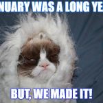 grumpy cat winter | JANUARY WAS A LONG YEAR; BUT, WE MADE IT! | image tagged in grumpy cat winter | made w/ Imgflip meme maker