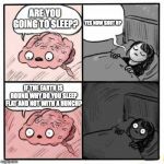 are you going to sleep? | ARE YOU GOING TO SLEEP? YES NOW SHUT UP; IF THE EARTH IS ROUND WHY DO YOU SLEEP FLAT AND NOT WITH A HUNCH? | image tagged in are you going to sleep | made w/ Imgflip meme maker