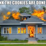 house on fire | I THINK THE COOKIES ARE DONE NOW | image tagged in house on fire | made w/ Imgflip meme maker