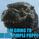 Godzilla  | I’M GOING TO SEE DR. PIMPLE POPPER! | image tagged in godzilla | made w/ Imgflip meme maker