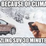 remote winter | TRIGGERED BECAUSE OF CLIMATE CHANGE; STARTS GAS GUZZLING SUV 30 MINUTES BEFORE WORK | image tagged in remote winter | made w/ Imgflip meme maker