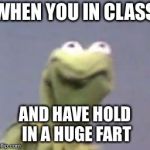 Kermit Cringe | WHEN YOU IN CLASS; AND HAVE HOLD IN A HUGE FART | image tagged in kermit cringe | made w/ Imgflip meme maker