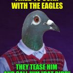 Bird Weekend February 1-3, a moemeobro, Claybourne, and 1forpeace Event | TRIED TO SOAR WITH THE EAGLES; THEY TEASE HIM AND CALL HIM "RAT BIRD" | image tagged in bad luck bird,pigeon,eagles,rat bird,memes | made w/ Imgflip meme maker