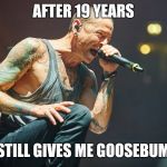 Chester Bennington | AFTER 19 YEARS; HE STILL GIVES ME GOOSEBUMPS | image tagged in chester bennington | made w/ Imgflip meme maker