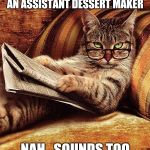 There's also an ad for a birthday party advisor... piece of cake! | I SEE IN THE NEWSPAPER THEY ARE ADVERTISING FOR AN ASSISTANT DESSERT MAKER; NAH...SOUNDS TOO COOKIE-CUTTER FOR ME | image tagged in cat reading,unfortunate cookie,business cat,stairway to heaven,cute kitty,job interview | made w/ Imgflip meme maker