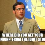 Brick | WHERE DID YOU GET YOUR OPINION?, FROM THE IDIOT STORE?. | image tagged in brick tamland weather | made w/ Imgflip meme maker