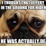 Sad Dog | I THOUGHT THAT JEFFERY WAS IN THE GROUND FOR HIDENSEEK; BUT HE WAS ACTUALLY DEAD :( | image tagged in sad dog | made w/ Imgflip meme maker
