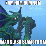 Subnautica, Sea Dragon Leviathan eats us like a sandwhich! | NUM NUM NUM NUM; TASTY HUMAN SLASH SEAMOTH SANDWITCH | image tagged in subnautica sea dragon leviathan eats us like a sandwhich | made w/ Imgflip meme maker