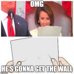 What was Pelosi reading? | OMG; HE'S GONNA GET THE WALL | image tagged in what was pelosi reading | made w/ Imgflip meme maker