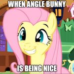 "yay" | WHEN ANGLE BUNNY; IS BEING NICE | image tagged in happy fluttershy,mlp meme,fluttershy | made w/ Imgflip meme maker