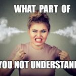 Steamy Relationship ... | WHAT  PART  OF; DO YOU NOT UNDERSTAND ?? | image tagged in pissed woman steam coming out of ears 580x400,pissed off,steamy relationship,funny memes | made w/ Imgflip meme maker