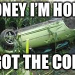 car crash corn field | HONEY I’M HOME; I GOT THE CORN | image tagged in car crash corn field | made w/ Imgflip meme maker