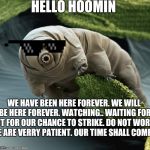 tardigrade | HELLO HOOMIN; WE HAVE BEEN HERE FOREVER. WE WILL BE HERE FOREVER. WATCHING.. WAITING FOR OUT FOR OUR CHANCE TO STRIKE. DO NOT WORRY WE ARE VERRY PATIENT. OUR TIME SHALL COME. :) | image tagged in tardigrade | made w/ Imgflip meme maker