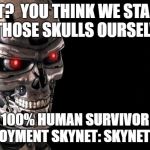 Terminator | WHAT?  YOU THINK WE STACKED ALL THOSE SKULLS OURSELVES? 100% HUMAN SURVIVOR EMPLOYMENT
SKYNET: SKYNET 2020 | image tagged in terminator | made w/ Imgflip meme maker