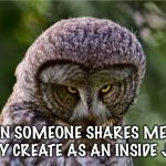 Seriously Owl | WHEN SOMEONE SHARES MEMES THEY CREATE AS AN INSIDE JOKE | image tagged in seriously owl | made w/ Imgflip meme maker