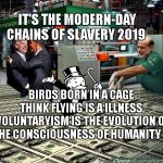 Federal reserve bankers printing fiat money | IT'S THE MODERN-DAY CHAINS OF SLAVERY 2019; BIRDS BORN IN A CAGE THINK FLYING IS A ILLNESS. VOLUNTARYISM IS THE EVOLUTION OF THE CONSCIOUSNESS OF HUMANITY . | image tagged in federal reserve bankers printing fiat money | made w/ Imgflip meme maker