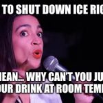 Alexandria Ocasio-Cortez | WE NEED TO SHUT DOWN ICE RIGHT NOW; I MEAN… WHY CAN’T YOU JUST DRINK YOUR DRINK AT ROOM TEMPERATURE | image tagged in alexandria ocasio-cortez | made w/ Imgflip meme maker