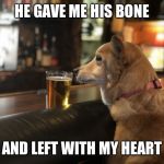 Lonely dog | HE GAVE ME HIS BONE; AND LEFT WITH MY HEART | image tagged in dog,dogs,sad dog,dog meme,bar,single life | made w/ Imgflip meme maker