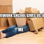 Please.....Just.....No...... | HOMEWORK SHCOOL GIVES US (BOXES); ME | image tagged in your friend needs help moving,help,homework,oof | made w/ Imgflip meme maker